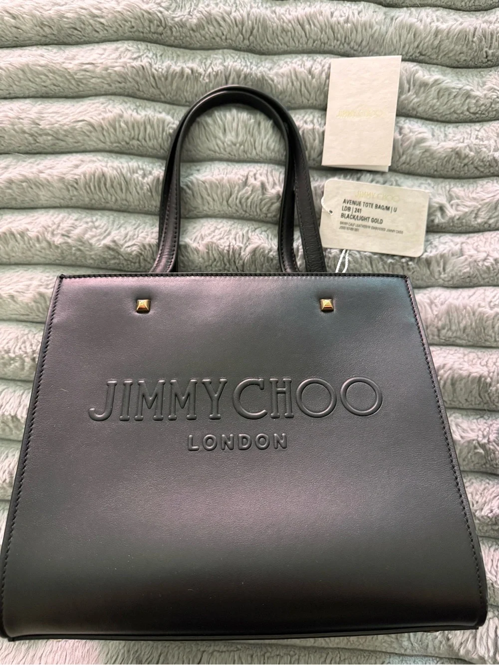 Jimmy Choo Black Leather Embossed Logo Tote